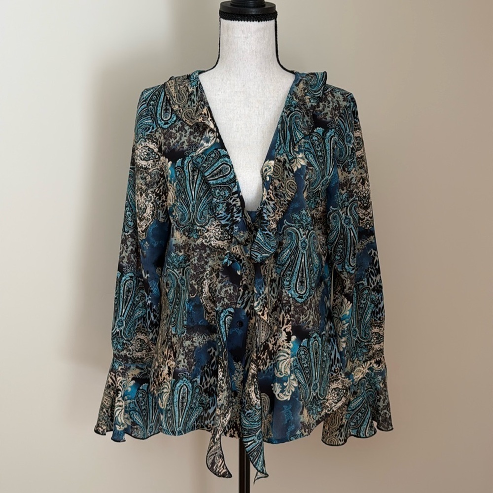 Violet & Claire Bohemian Paisley Blouse Ruffled Neck Cuffs Blue Black Women L
